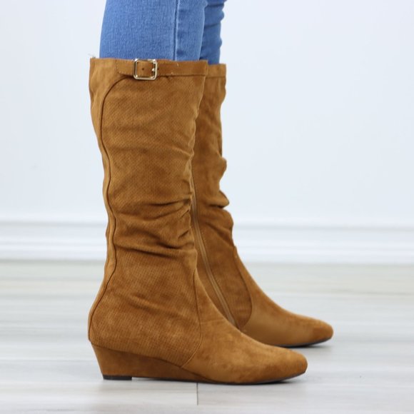 Tan Faux Suede Round Toe Low Kitten Wedge Heel Mid Calf Boots - Picture 4 of 12